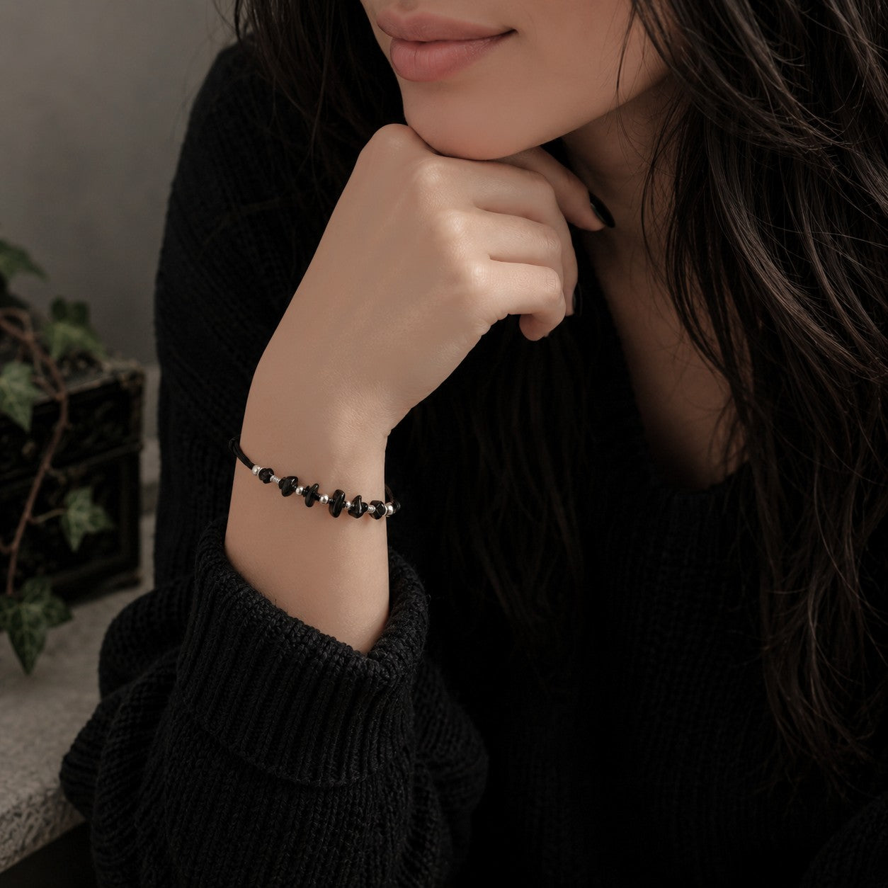 Black Tourmaline Bracelet: Silver Beads, Adjustable Gemstone Jewelry