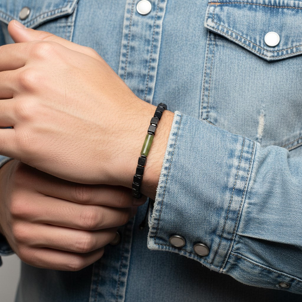 A man wearing a black onyx and green jade beaded bracelet on a denim jacket.