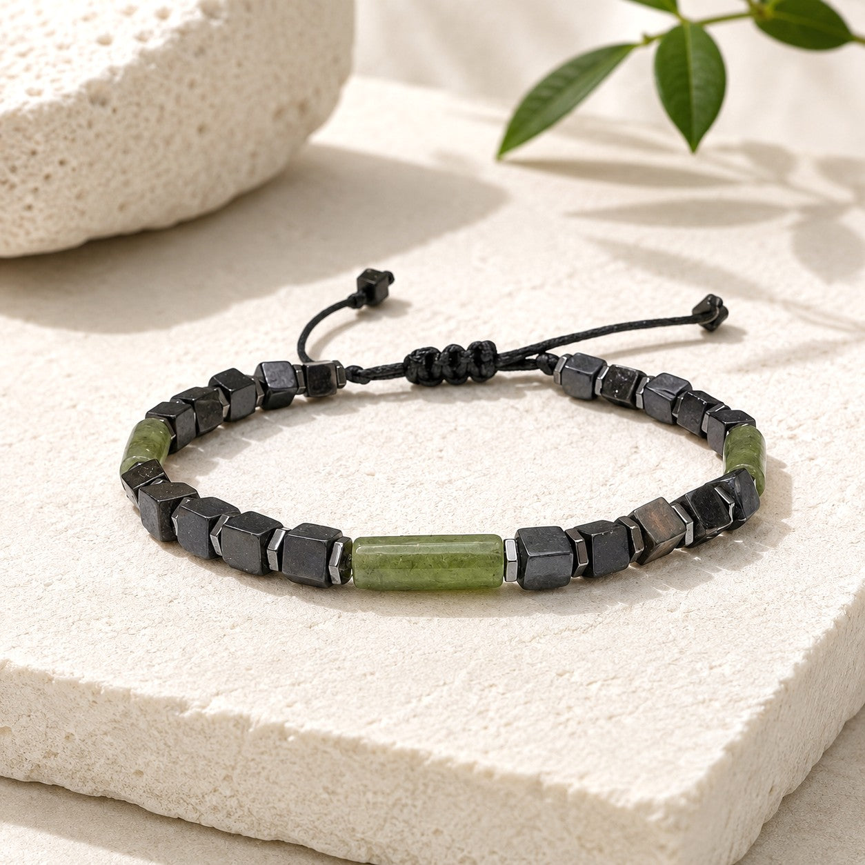Black Onyx Cube Bracelet with Green Jade and Hematite – Adjustable
