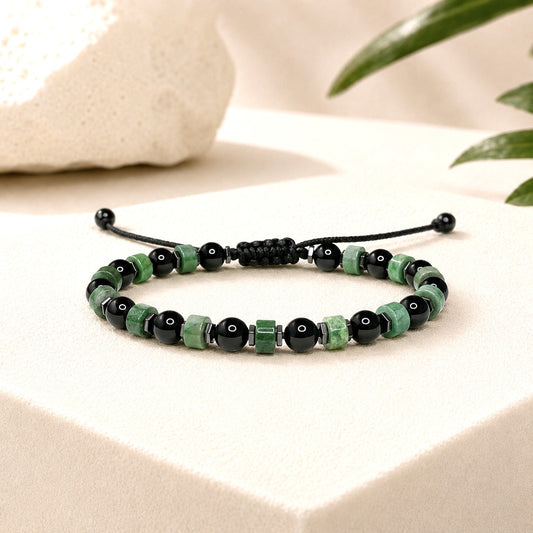 Green Jade & Black Onyx Bracelet, Adjustable and Waterproof Gemstone Bracelet with Initial
