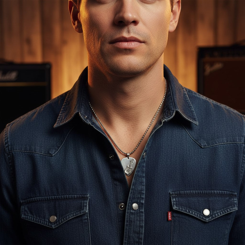 A man wearing a denim jacket and wearing a guitar pick necklace.