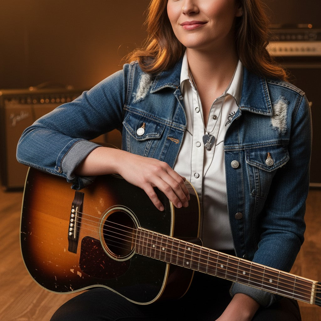 Woman wearing Custom Stainless Steel Guitar Pick Necklace with an electric guitar. 