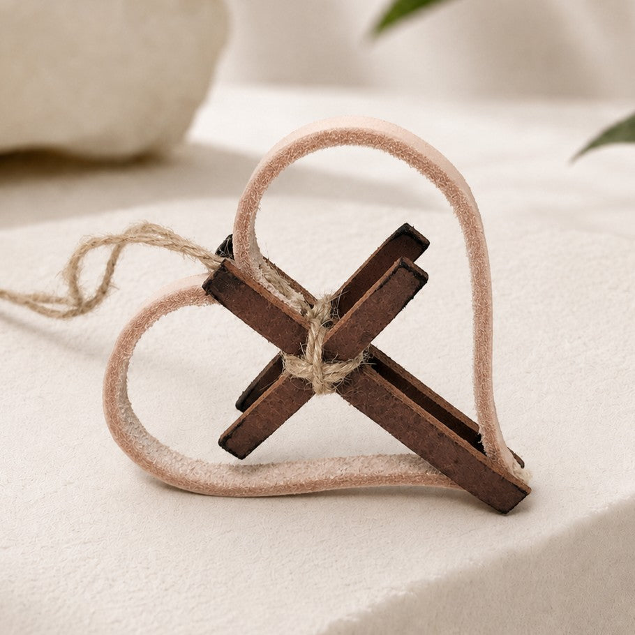 Personalized Leather Heart & Cross Ornament: Religious Car Charm