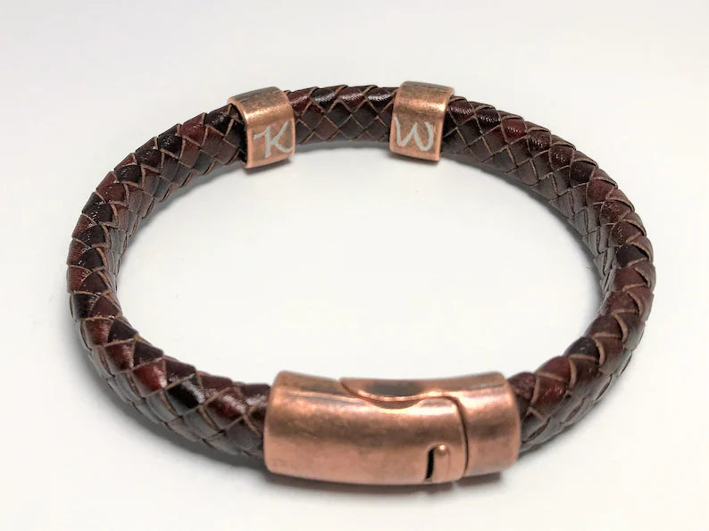 Personalized Leather Bracelet with Hidden Engraved Initials, Braided Leather Magnetic Clasp Bracelet