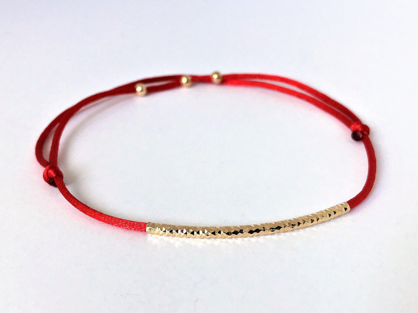 Red String Bracelet with Gold Tube, Adjustable Friendship Bracelet, Waterproof Everyday Cord Jewelry