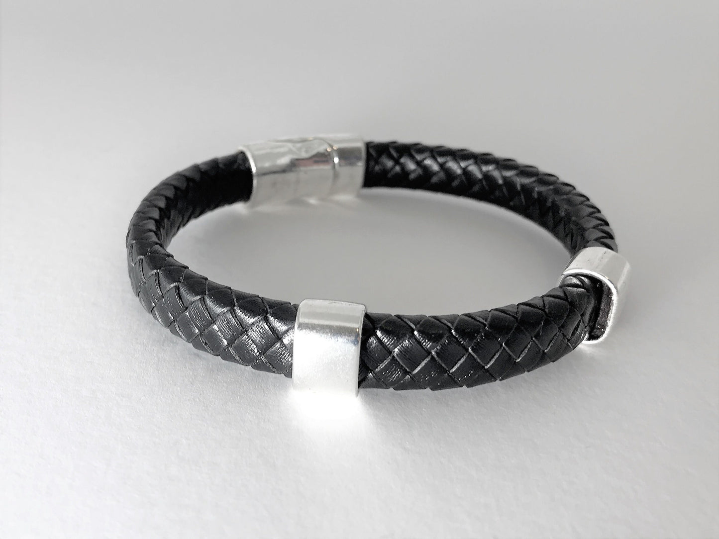 Personalized Leather Bracelet with Hidden Engraved Initials, Braided Leather Magnetic Clasp Bracelet