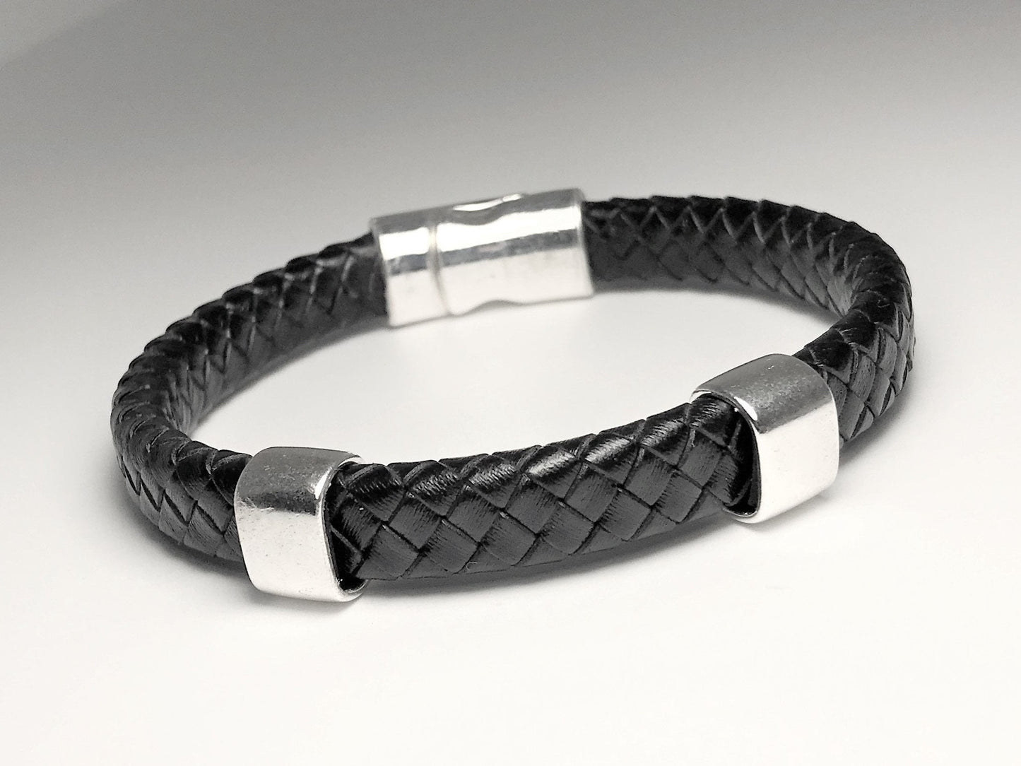Personalized Leather Bracelet with Hidden Engraved Initials, Braided Leather Magnetic Clasp Bracelet