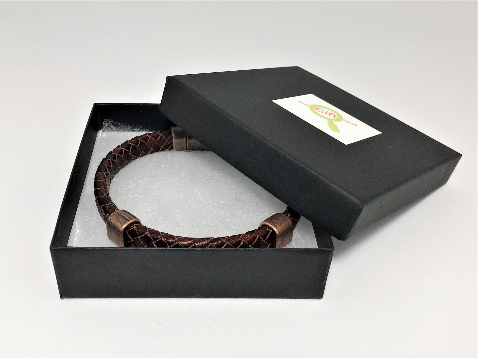 The bracelet is inside the complimentary black square gift box with The Gift Clue logo on top.