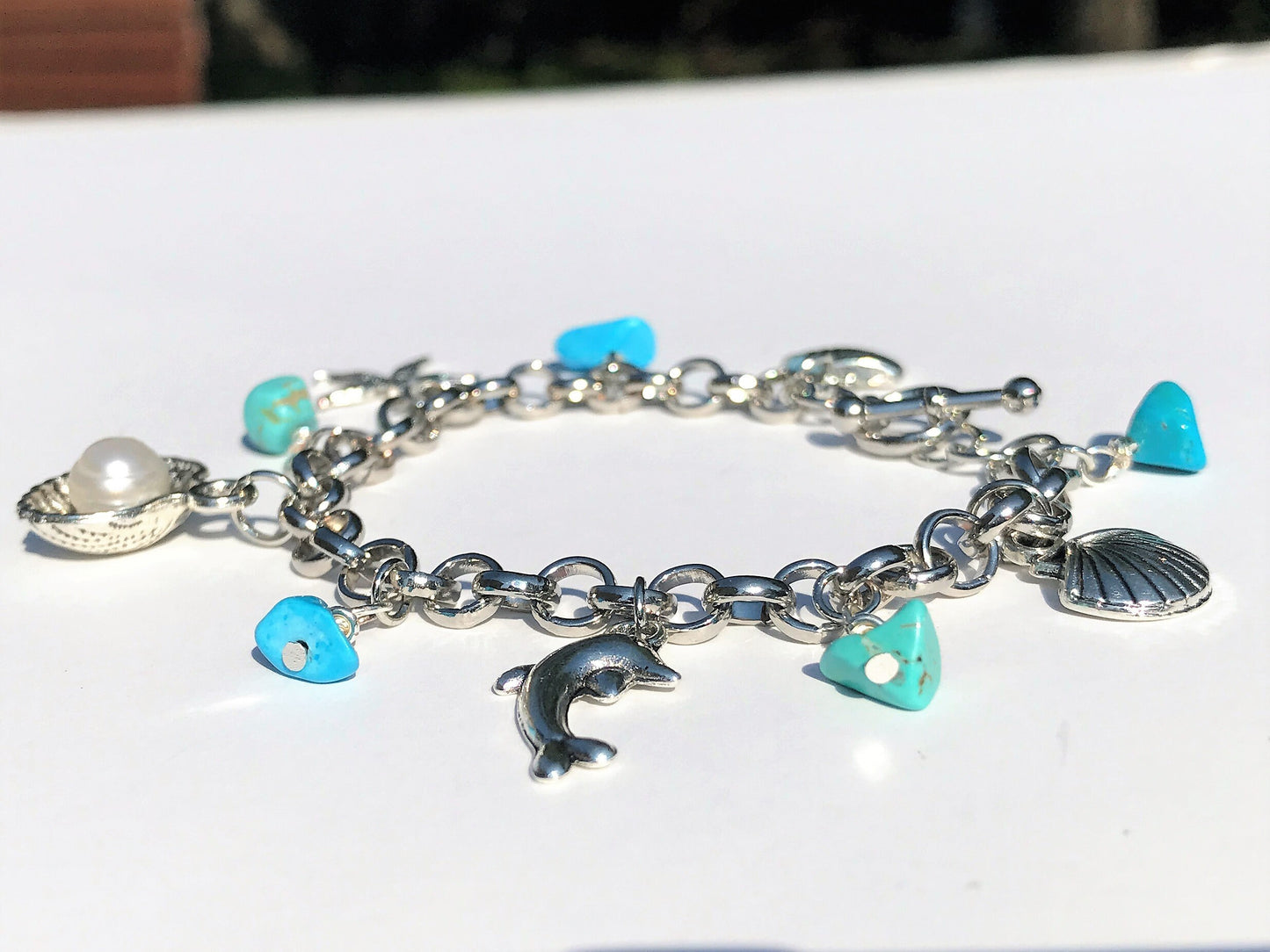 Turquoise Charm Bracelet: Pearl, Shell, Dolphin - Personalized Initial - photo 9