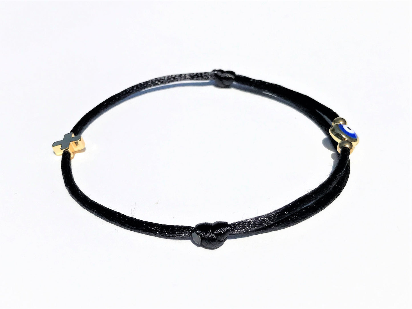 Gold Filled Evil Eye Bracelet with Cross: Adjustable Amulet
