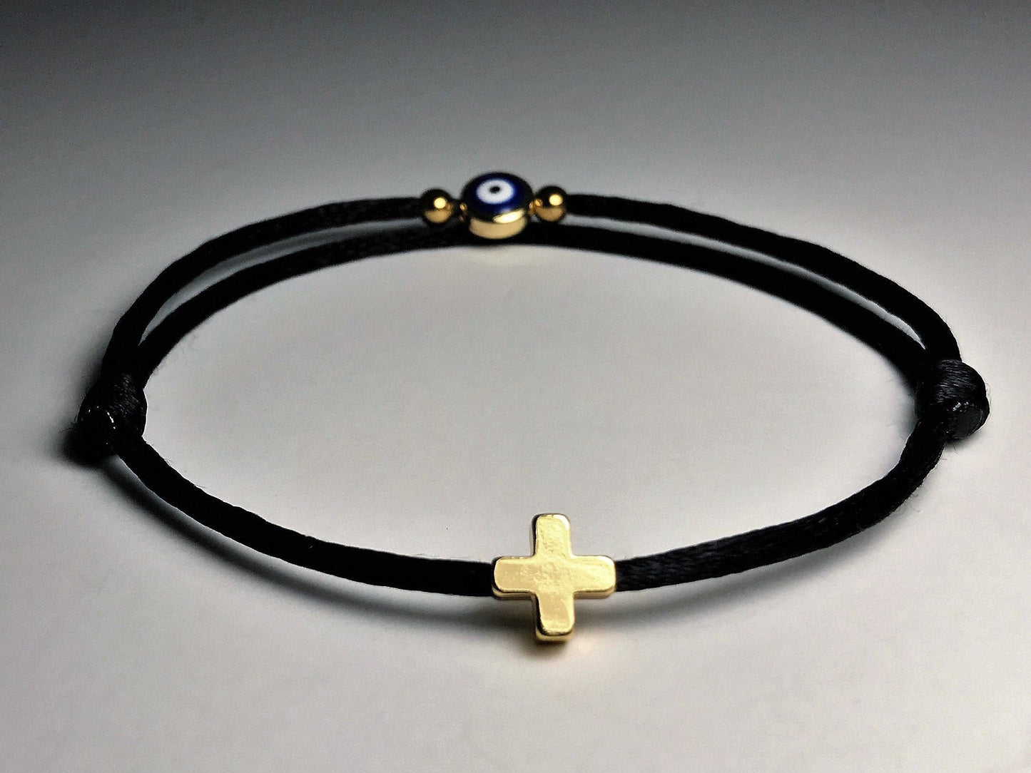 Gold Filled Evil Eye Bracelet with Cross: Adjustable Amulet