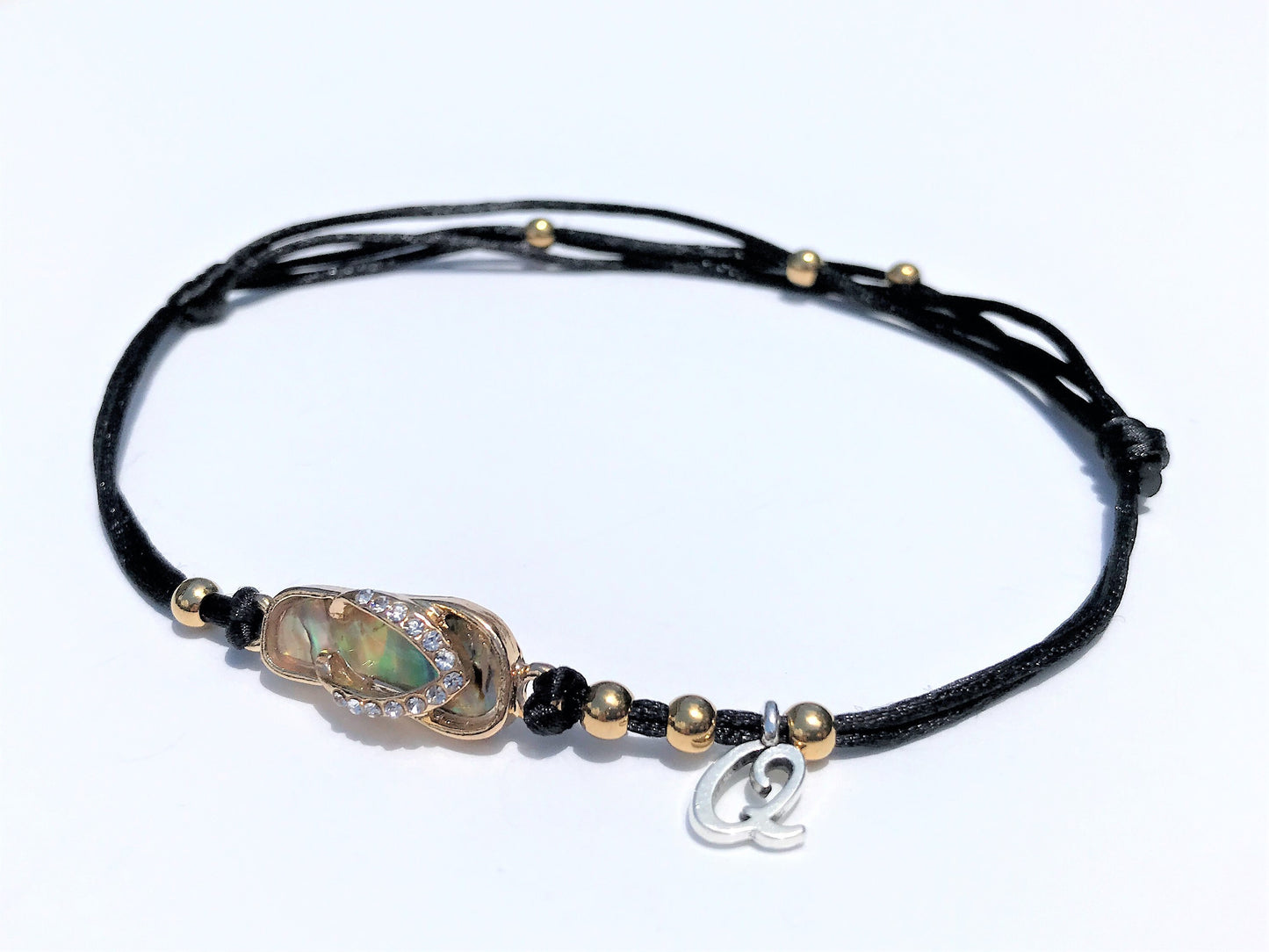 Flip Flop Initial Anklet: Gold Plated Charm, Waterproof Silk Cord