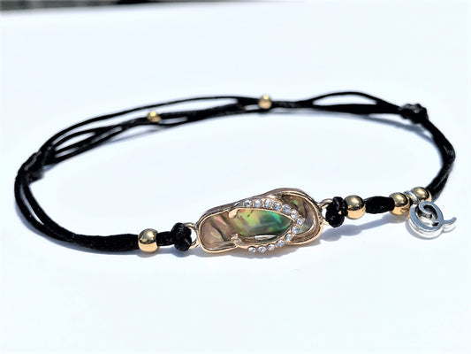 Flip Flop Initial Anklet: Gold Plated Charm, Waterproof Silk Cord