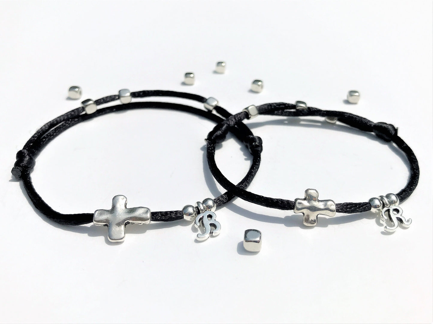 Matching Silver Cross Bracelet Set: Initial Charm, Christian Jewelry - lifestyle photo
