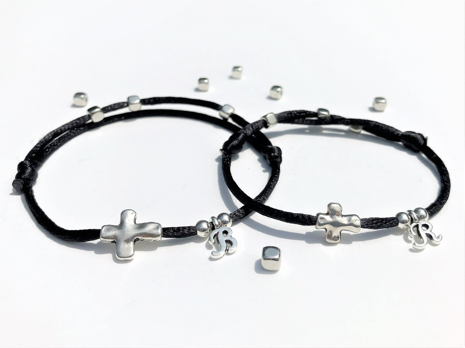 Matching Silver Cross Bracelet Set: Initial Charm, Christian Jewelry - lifestyle photo