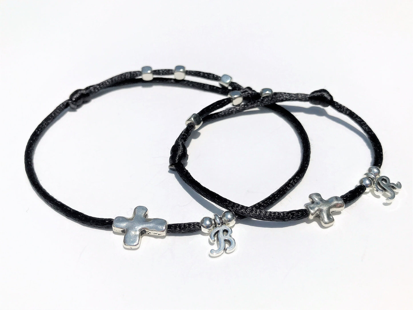 Matching Silver Cross Bracelet Set: Initial Charm, Christian Jewelry - side view