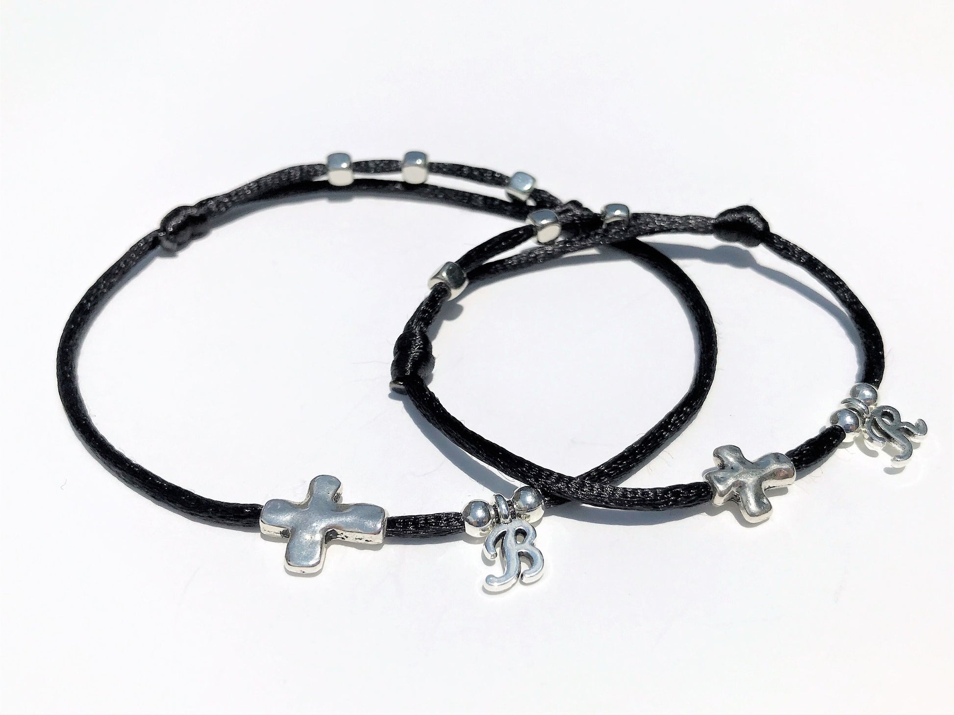 Matching Silver Cross Bracelet Set: Initial Charm, Christian Jewelry - side view