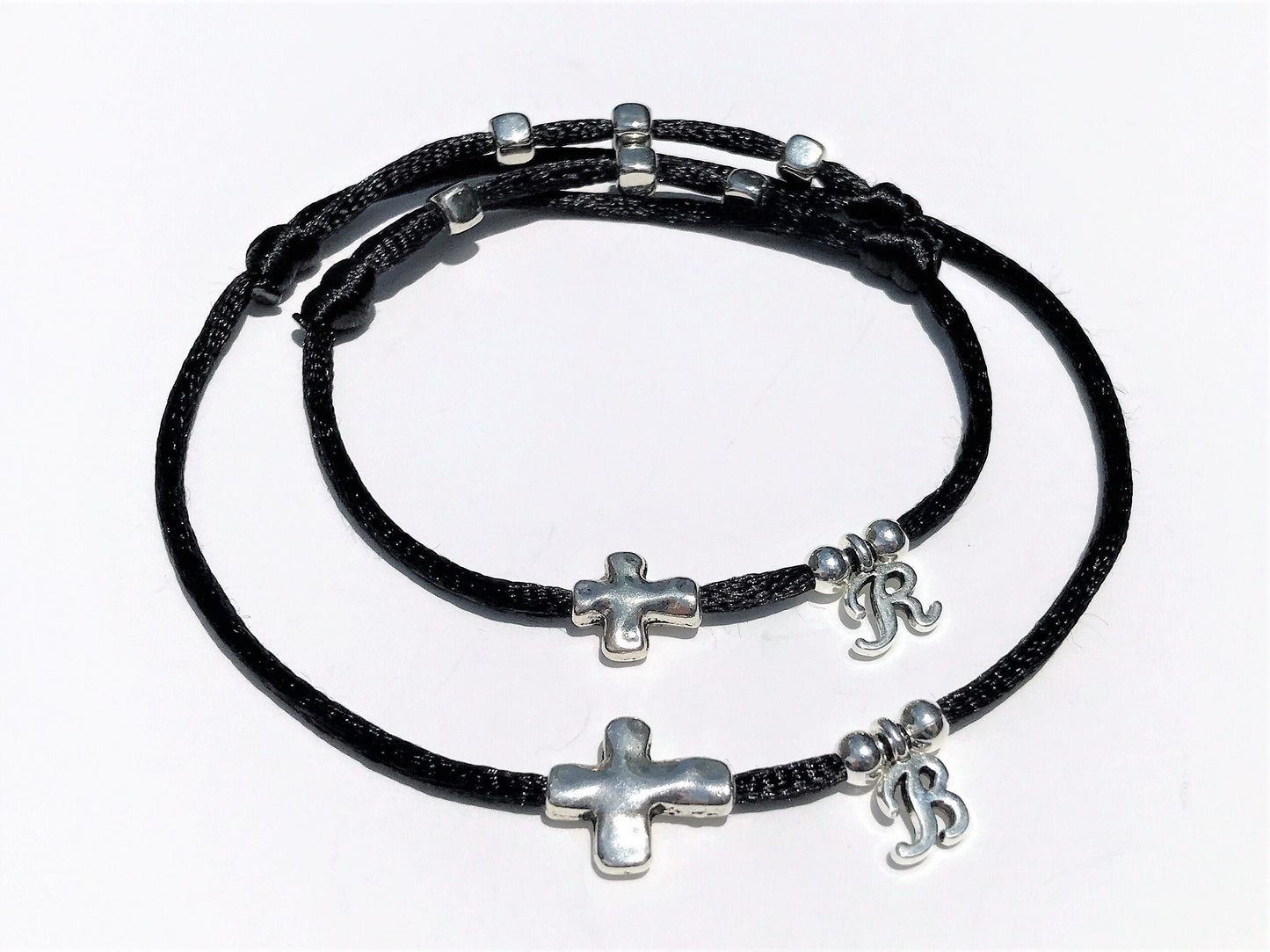 Matching Silver Cross Bracelet Set: Initial Charm, Christian Jewelry - on model