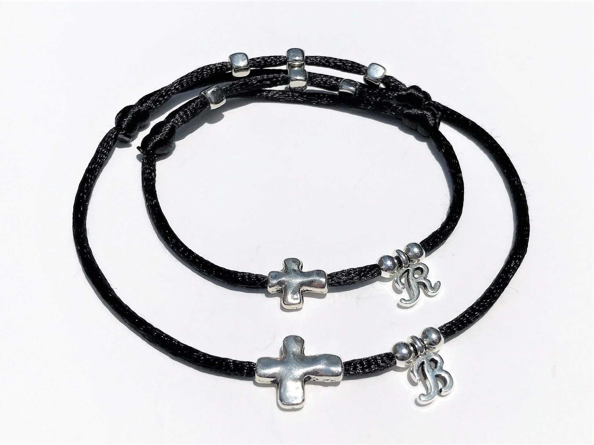 Matching Silver Cross Bracelet Set: Initial Charm, Christian Jewelry - on model