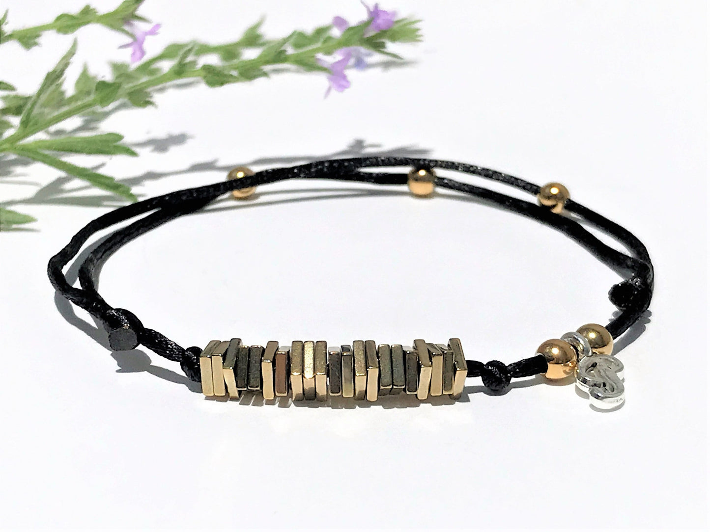 Gold Hematite Birthday Bracelet: Personalized Initial Charm, Adjustable, Milestone Bracelet