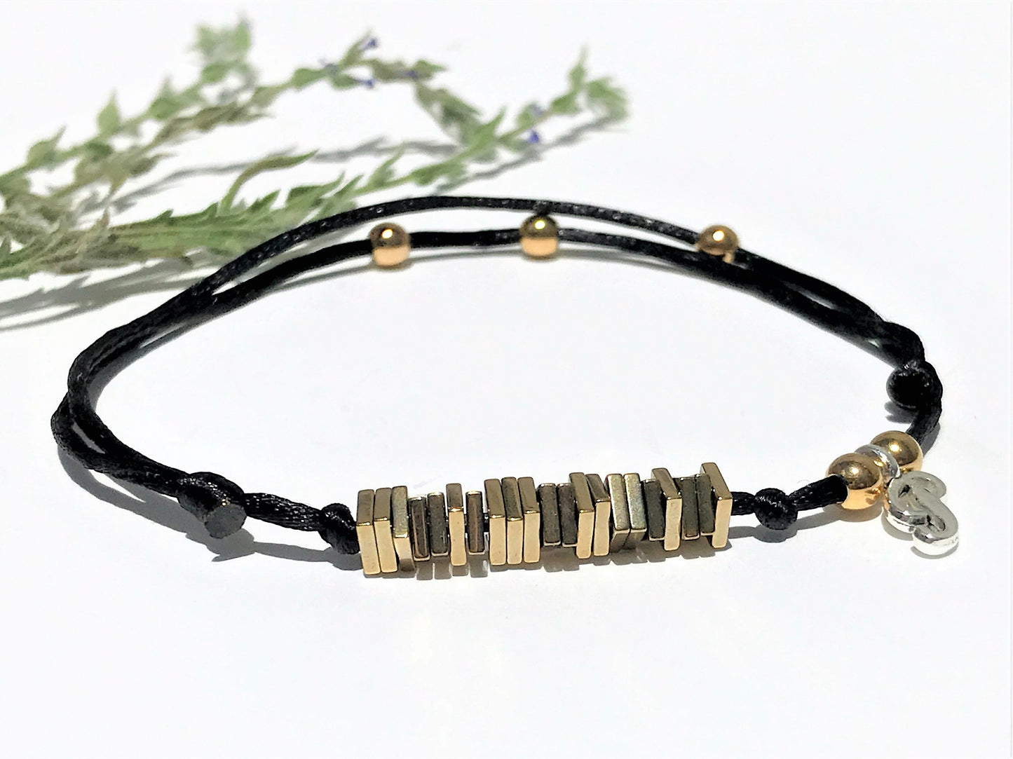 Gold Hematite Birthday Bracelet: Personalized Initial Charm, Adjustable, Milestone Bracelet