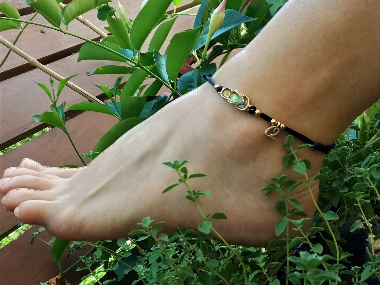 Flip Flop Initial Anklet: Gold Plated Charm, Waterproof Silk Cord