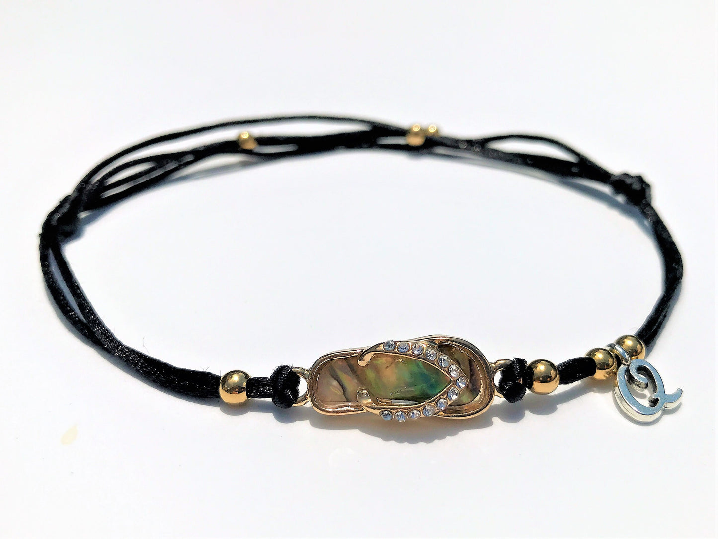 Flip Flop Initial Anklet: Gold Plated Charm, Waterproof Silk Cord