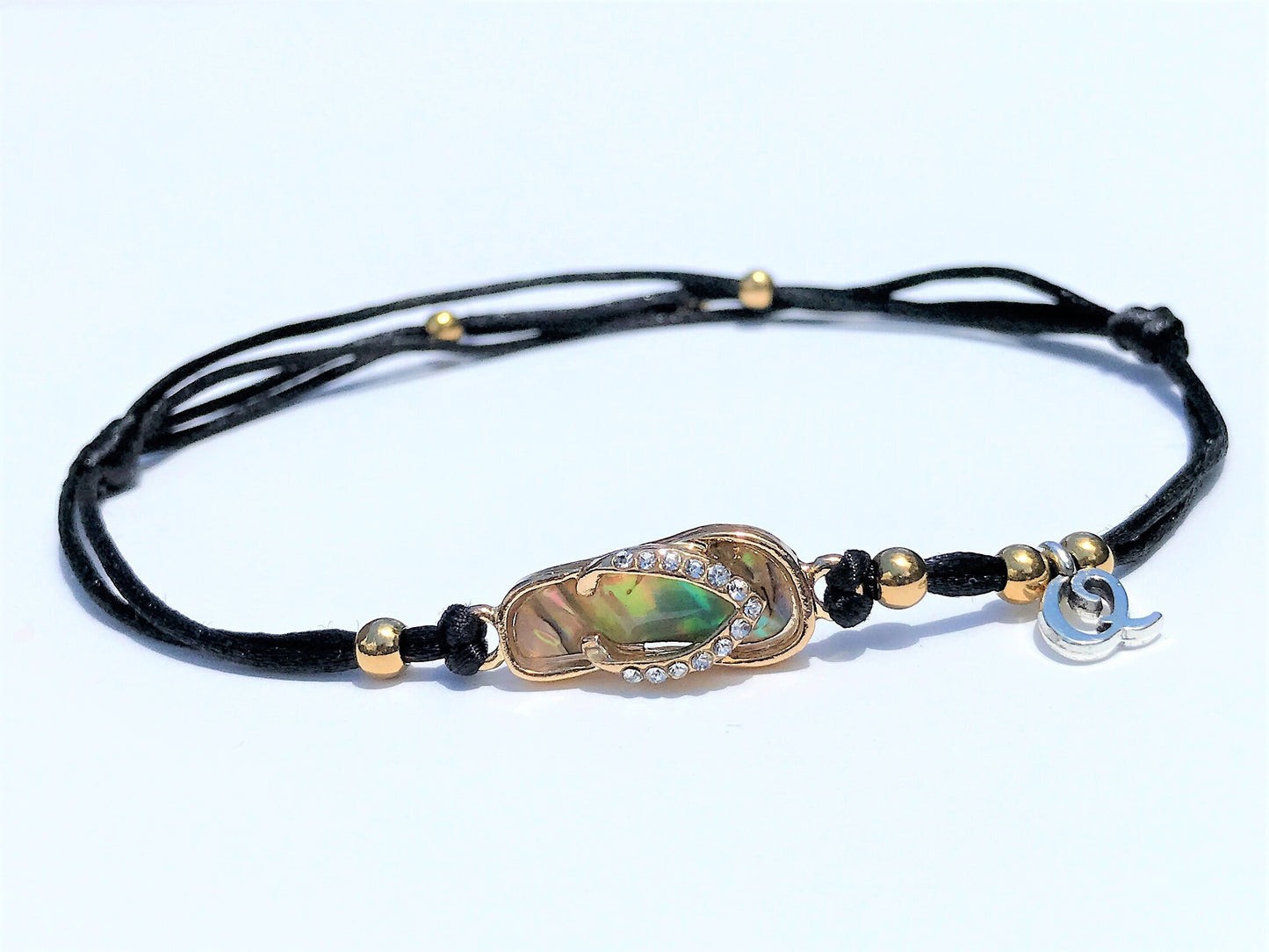 Flip Flop Initial Anklet: Gold Plated Charm, Waterproof Silk Cord