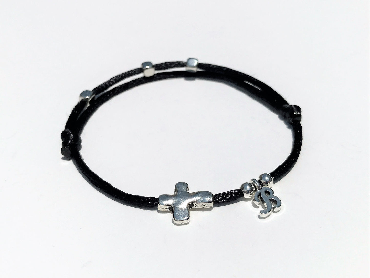Matching Silver Cross Bracelet Set: Initial Charm, Christian Jewelry - worn view