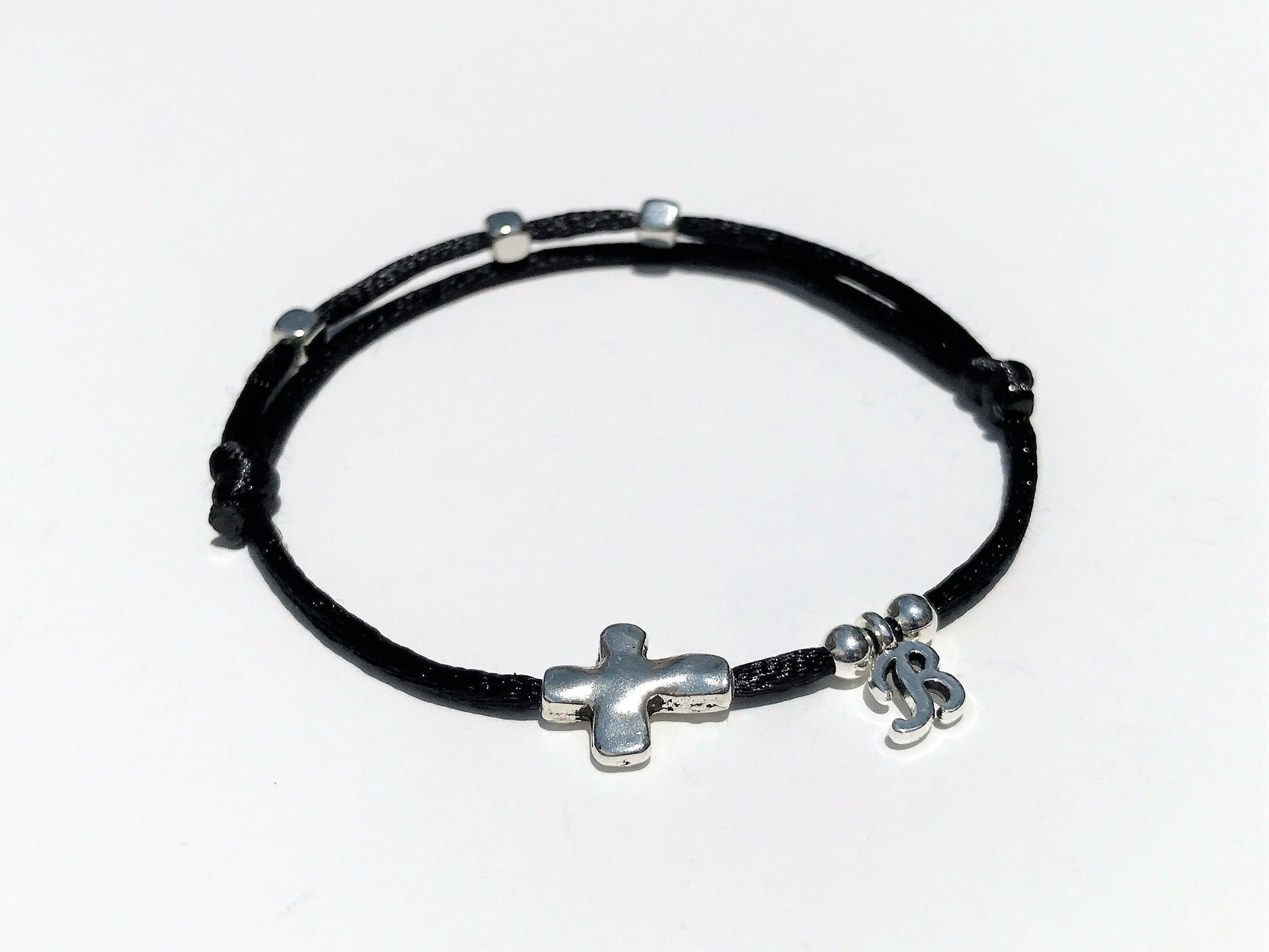 Matching Silver Cross Bracelet Set: Initial Charm, Christian Jewelry - worn view