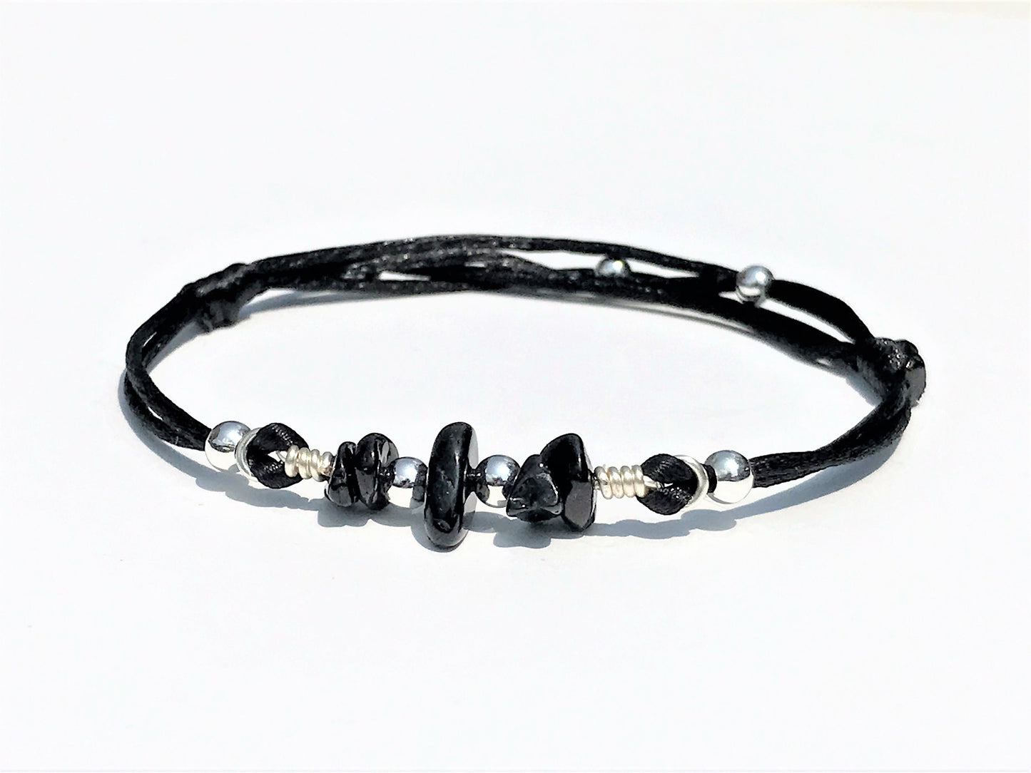 Black Tourmaline Bracelet: Silver Beads, Adjustable Gemstone Jewelry - side view