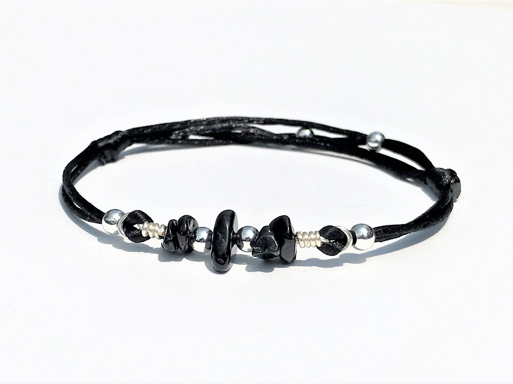 Black Tourmaline Bracelet: Silver Beads, Adjustable Gemstone Jewelry - side view