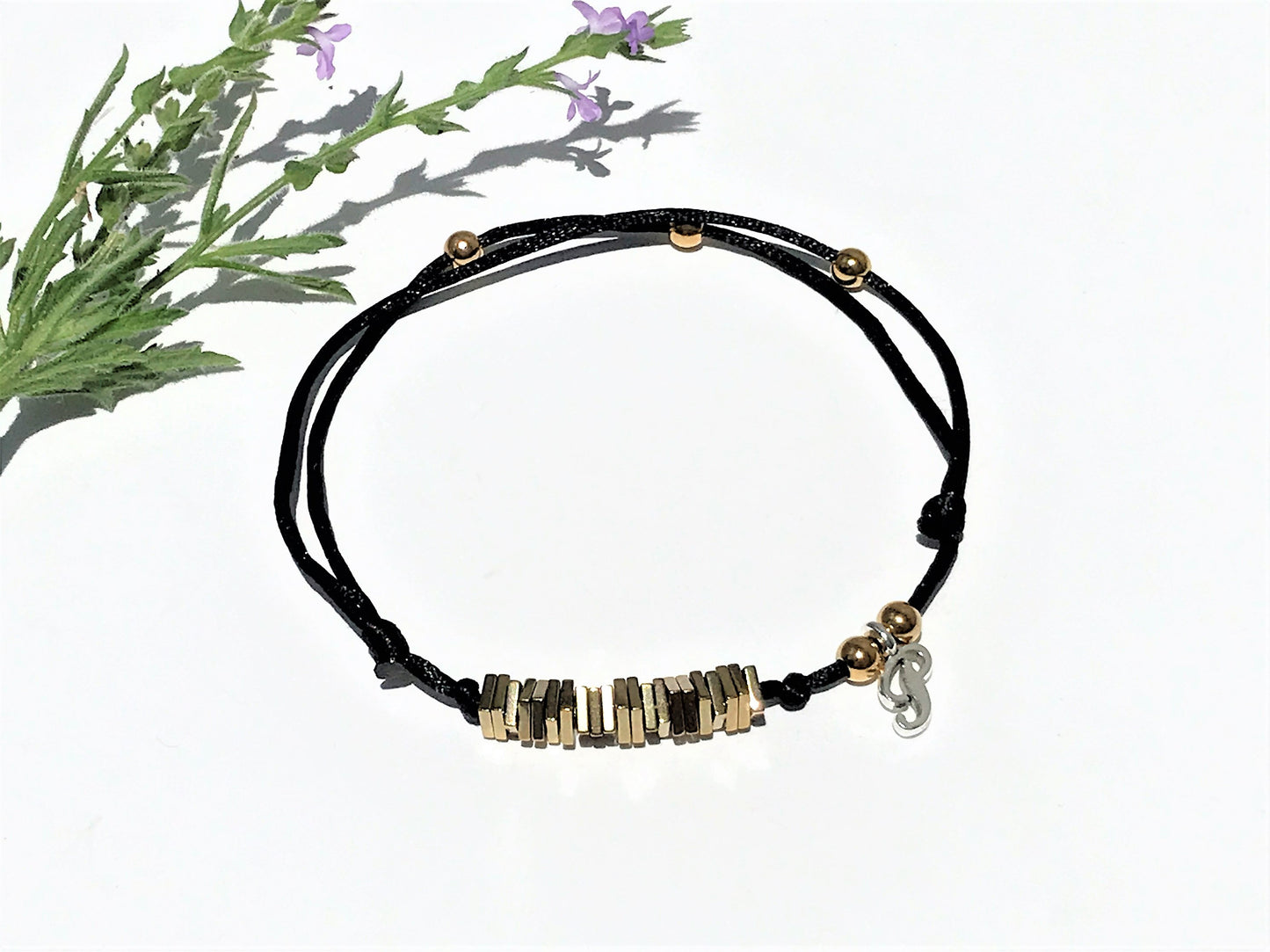 Gold Hematite Birthday Bracelet: Personalized Initial Charm, Adjustable, Milestone Bracelet