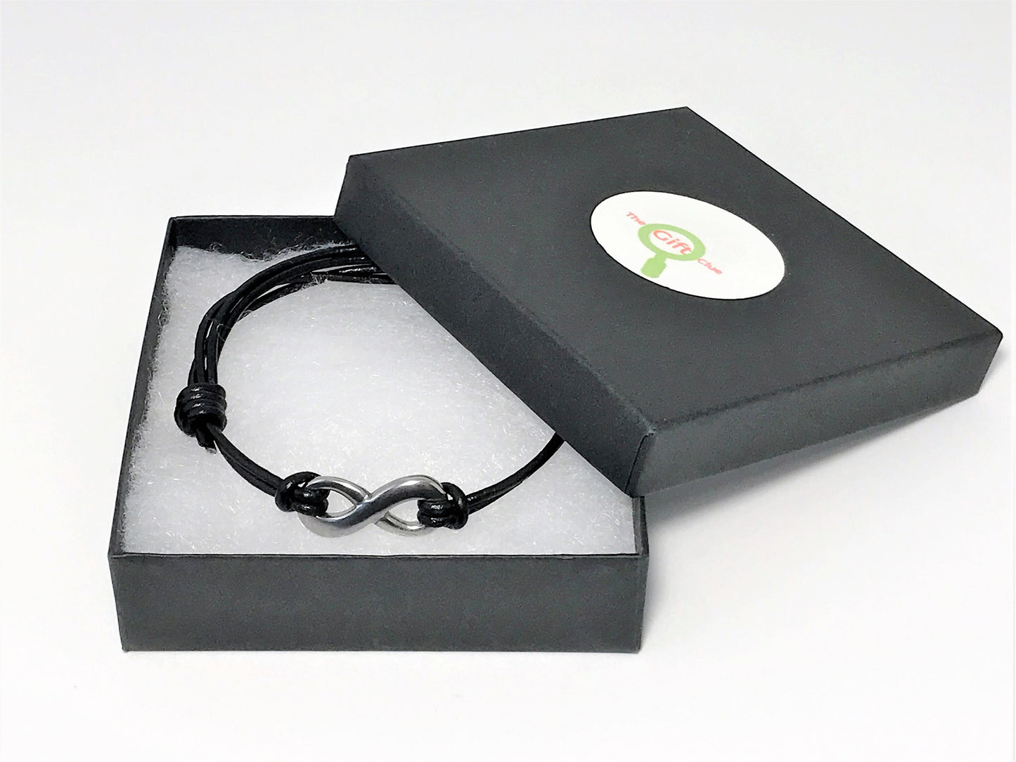 Black Infinity Leather Bracelet in a black gift box.