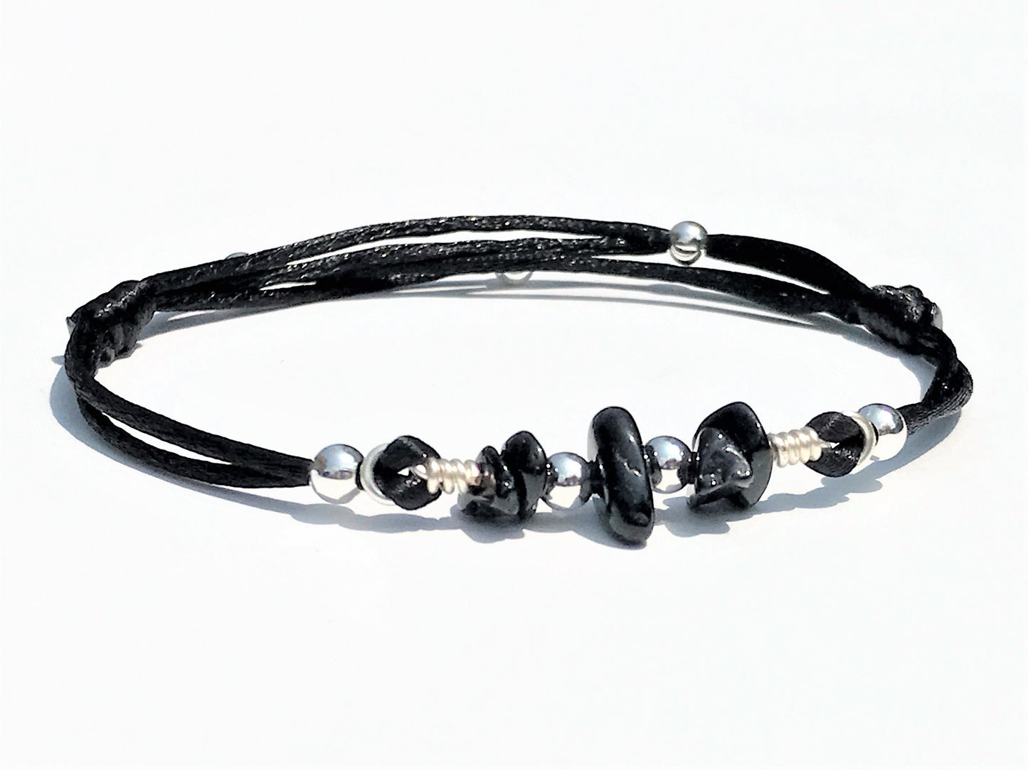 Black Tourmaline Bracelet: Silver Beads, Adjustable Gemstone Jewelry - close-up