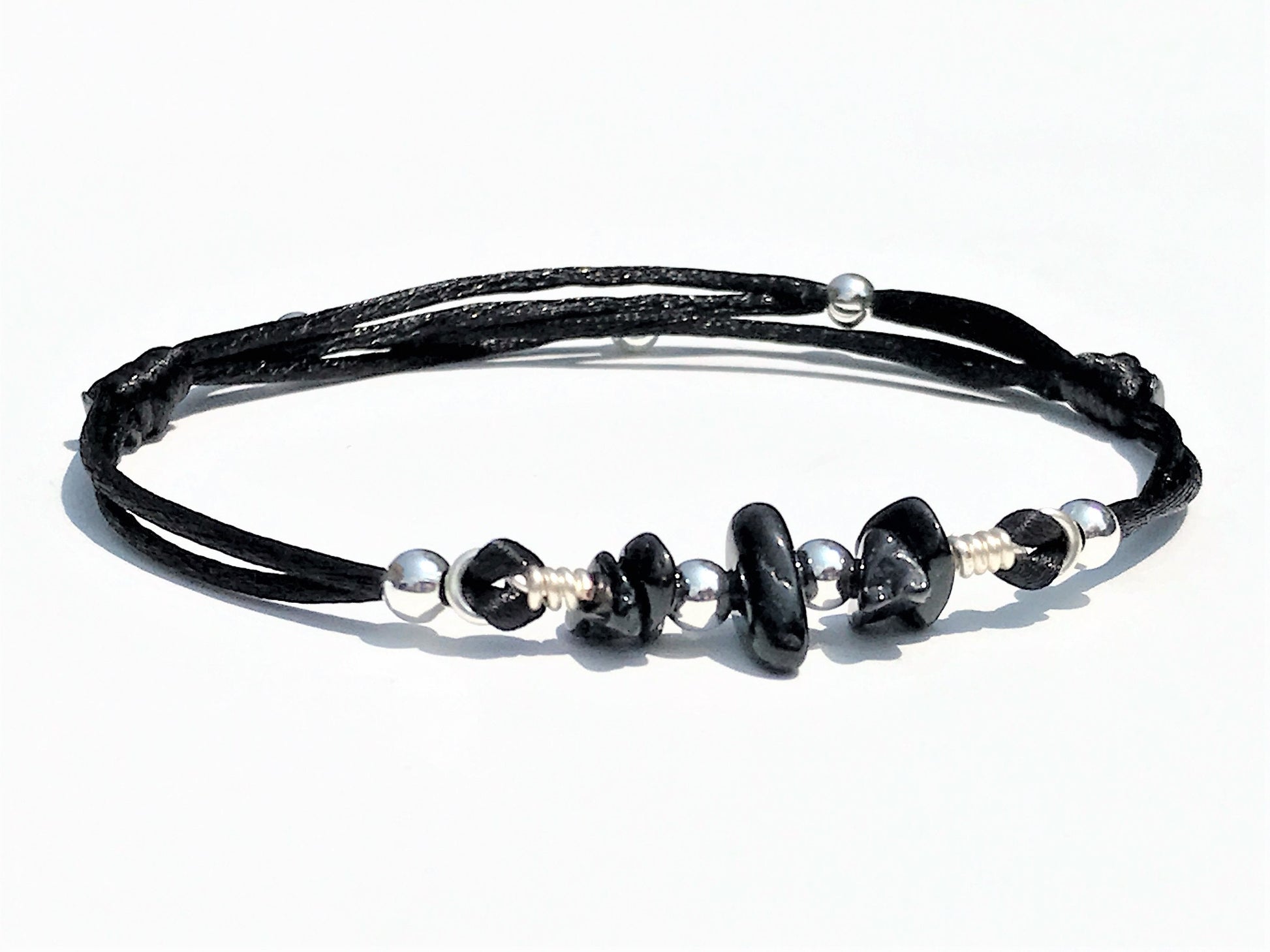 Black Tourmaline Bracelet: Silver Beads, Adjustable Gemstone Jewelry - close-up