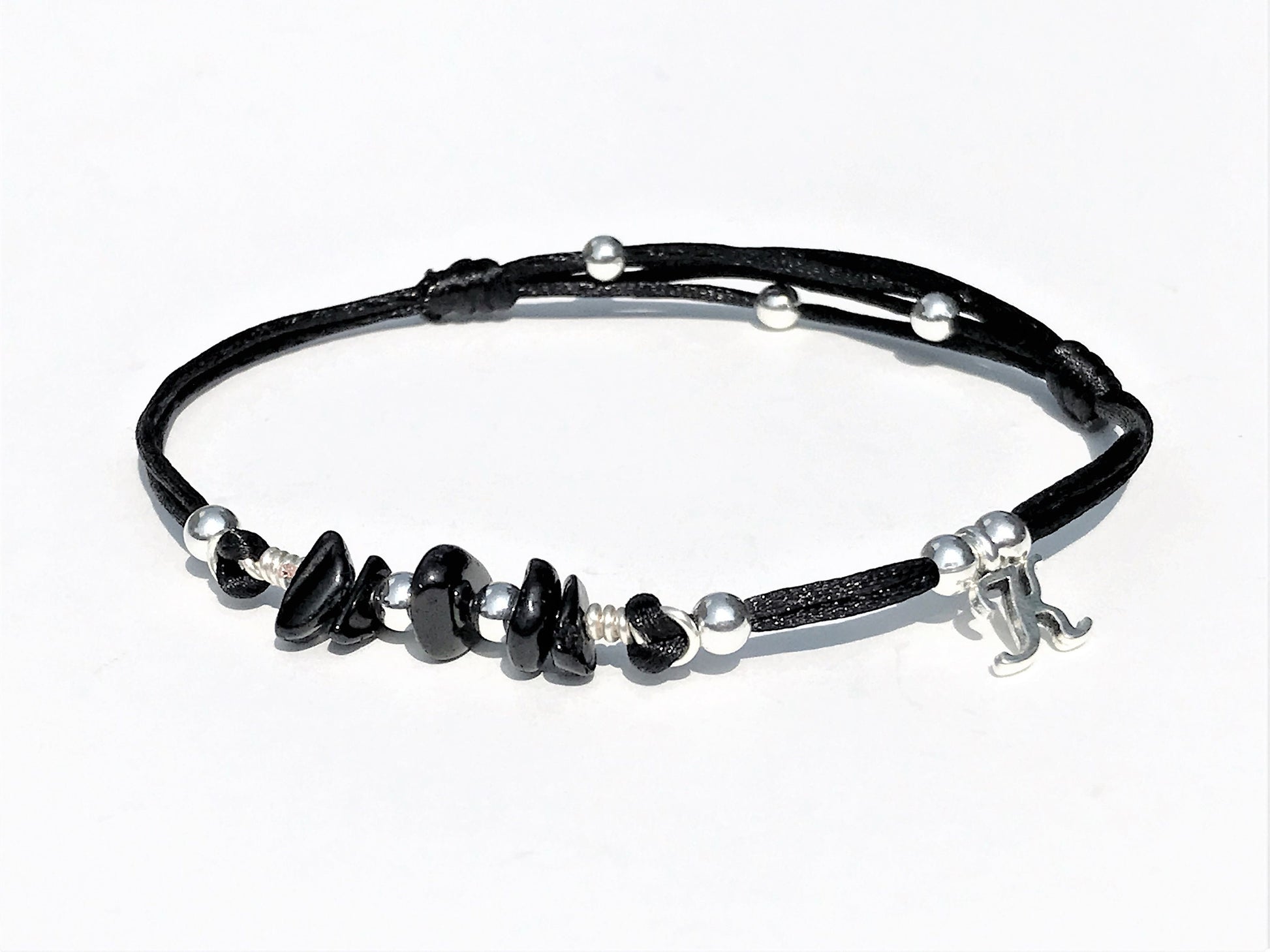 Black Tourmaline Bracelet: Silver Beads, Adjustable Gemstone Jewelry - lifestyle photo