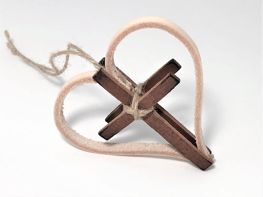 Handcrafted Leather Heart and Cross Ornament with Initials, Christian Christmas Gift, 3rd Leather Anniversary Keepsake