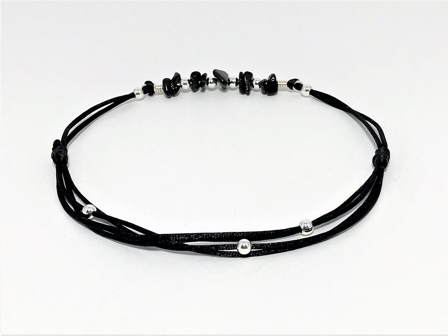 Black Tourmaline Anklet: Silver Beads, Adjustable Gemstone Jewelry - lifestyle photo