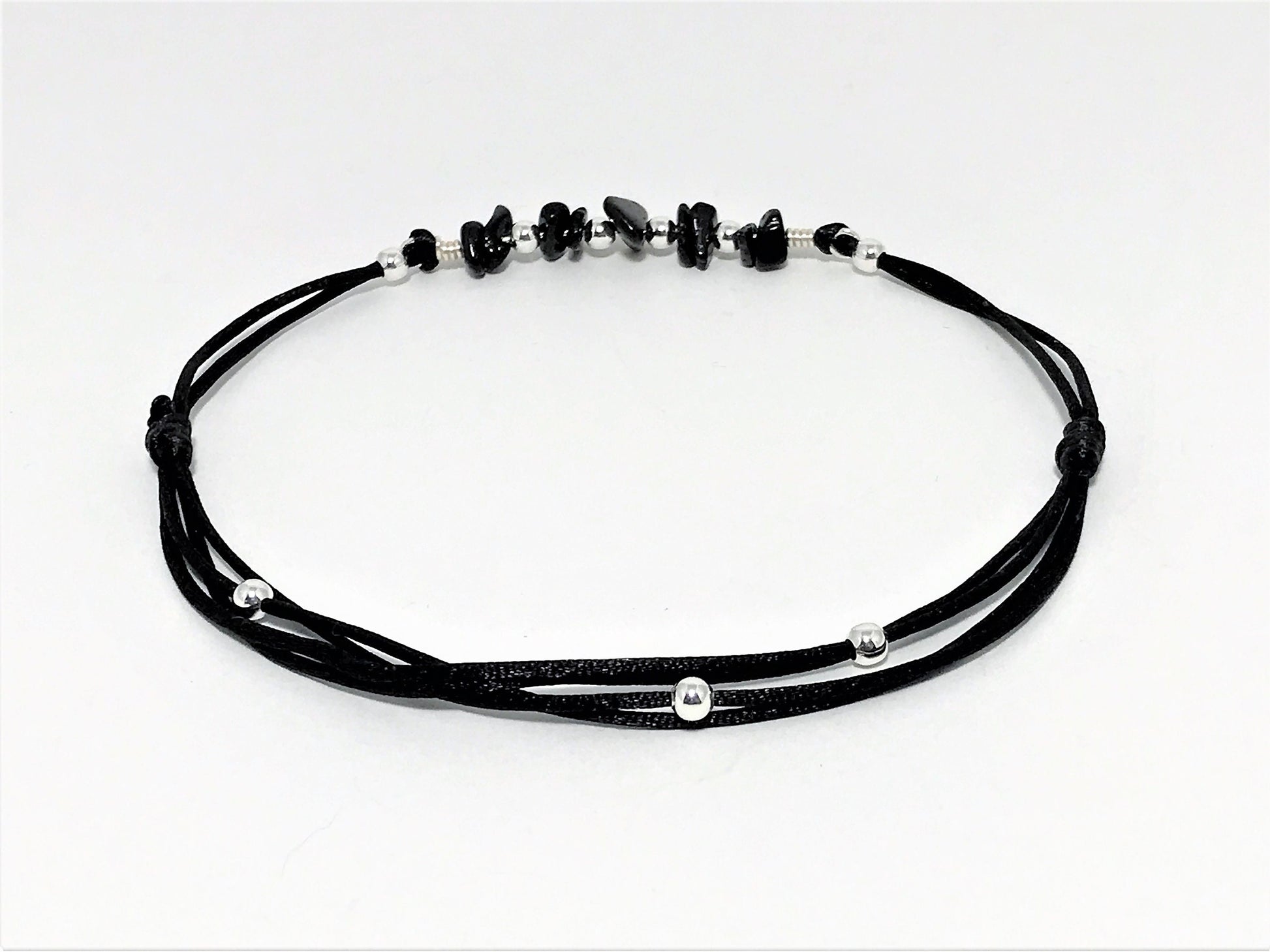 Black Tourmaline Anklet: Silver Beads, Adjustable Gemstone Jewelry - lifestyle photo