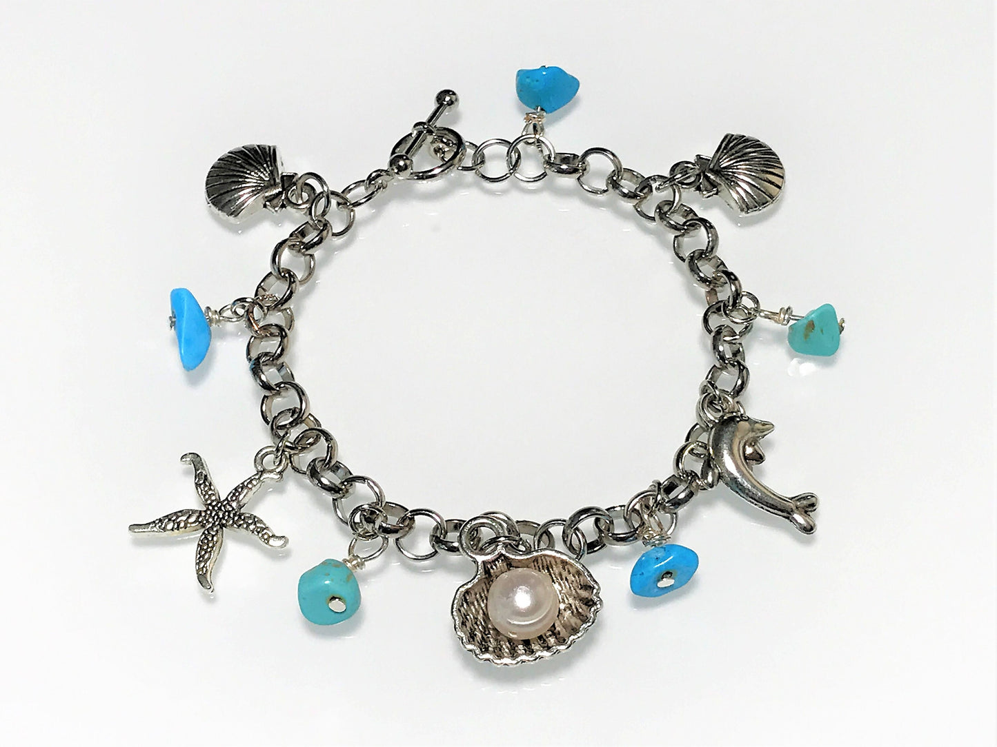 Turquoise Charm Bracelet: Pearl, Shell, Dolphin - Personalized Initial - lifestyle photo