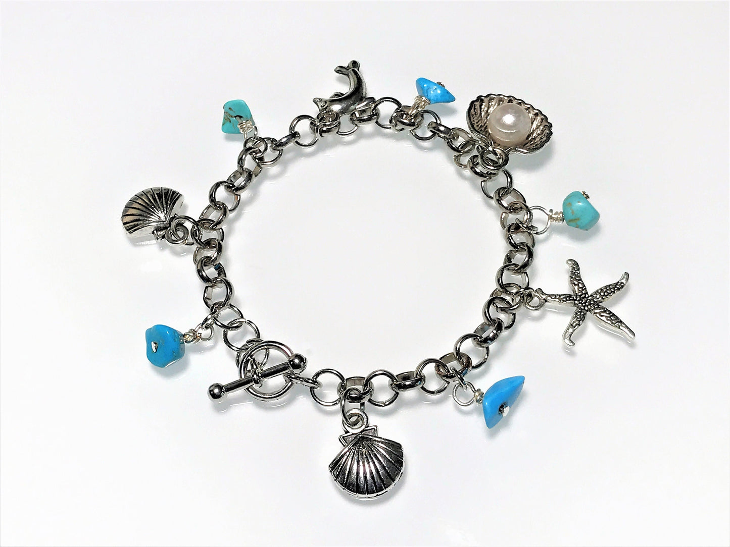 Turquoise Charm Bracelet: Pearl, Shell, Dolphin - Personalized Initial - side view