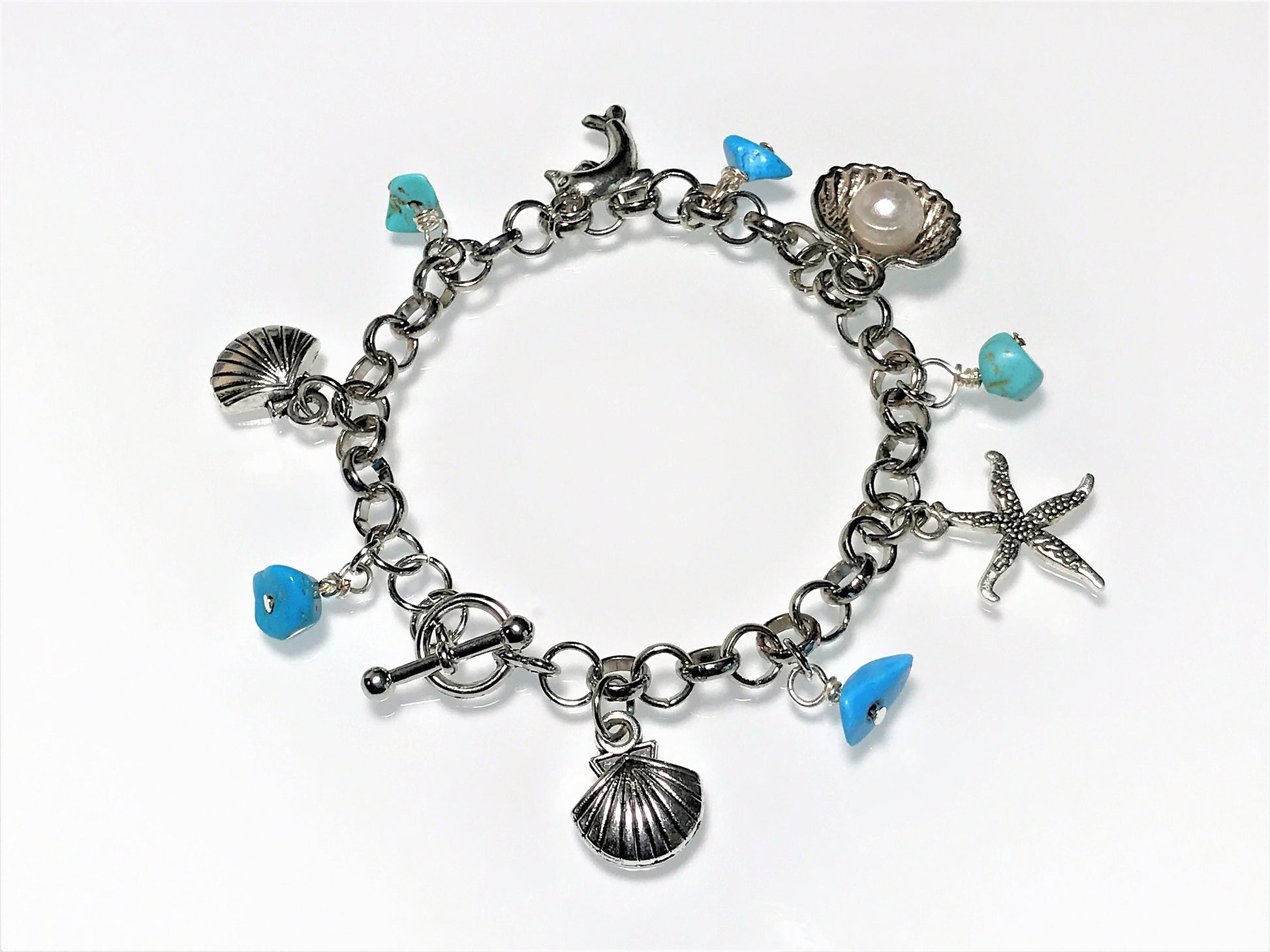 Turquoise Charm Bracelet: Pearl, Shell, Dolphin - Personalized Initial - side view