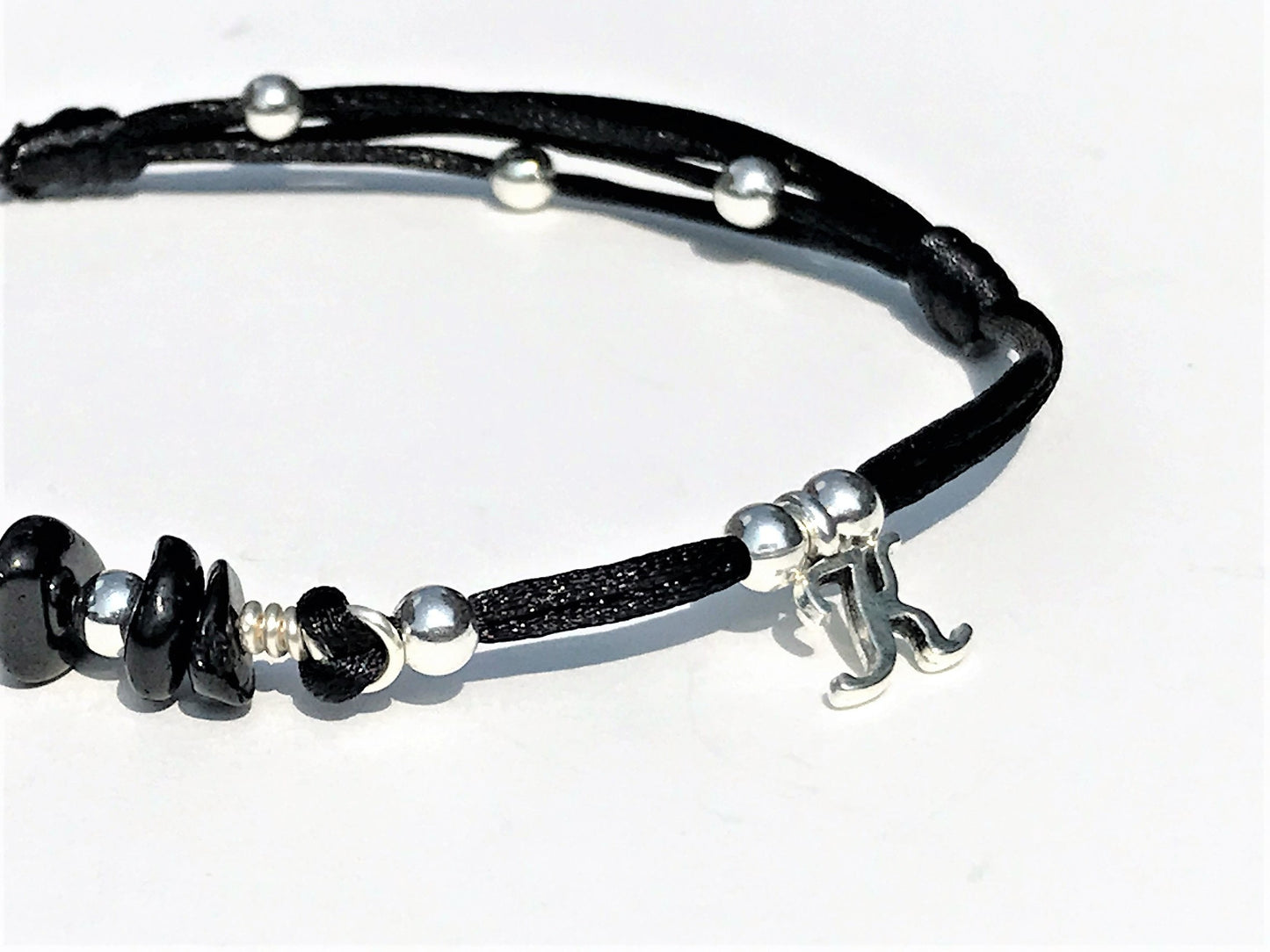 Black Tourmaline Anklet: Silver Beads, Adjustable Gemstone Jewelry - side view