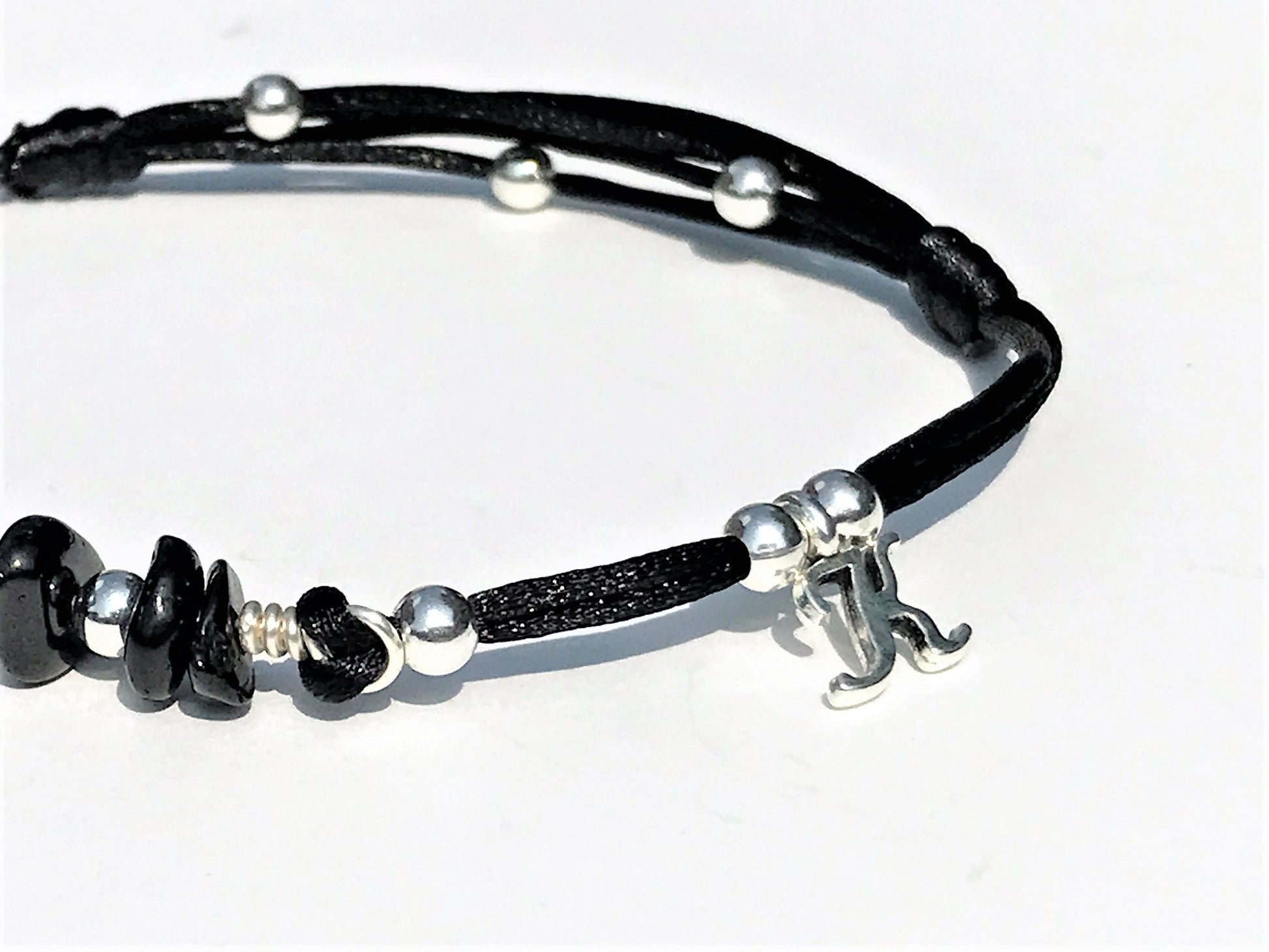 Black Tourmaline Anklet: Silver Beads, Adjustable Gemstone Jewelry - side view