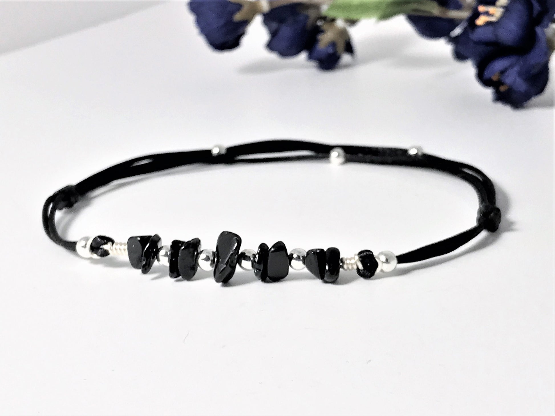 Black Tourmaline Anklet: Silver Beads, Adjustable Gemstone Jewelry - on model