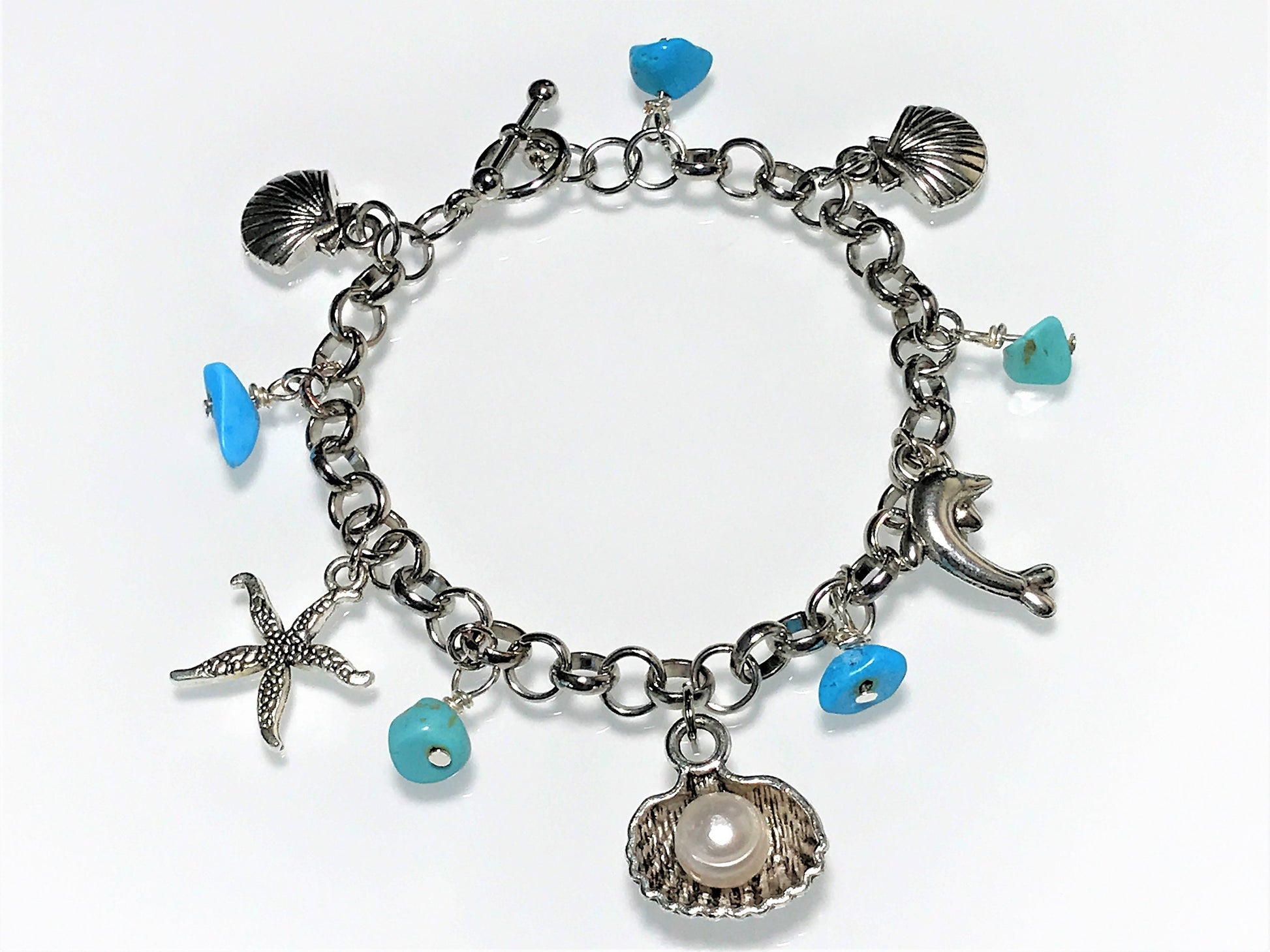 Turquoise Charm Bracelet: Pearl, Shell, Dolphin - Personalized Initial - photo 8