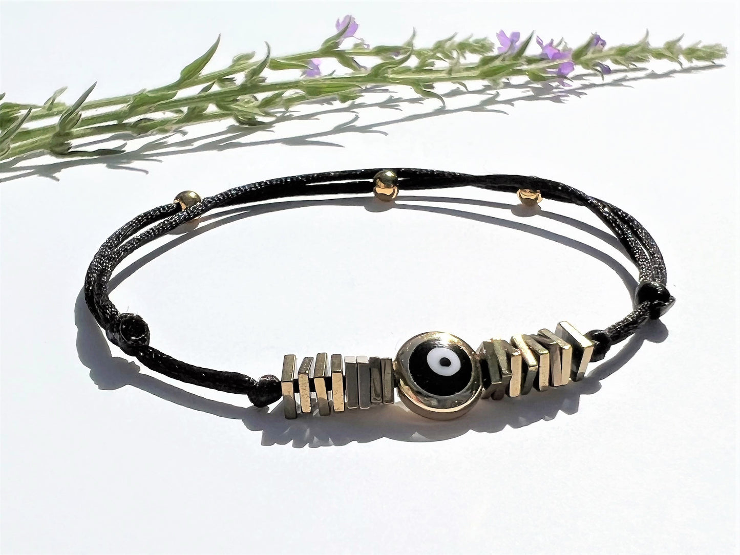 Gold-Filled Evil Eye Bracelet, Adjustable Waterproof Bracelet, Gold Hematite Beads, Protection Bracelet for Women, Personalized Initial Gift