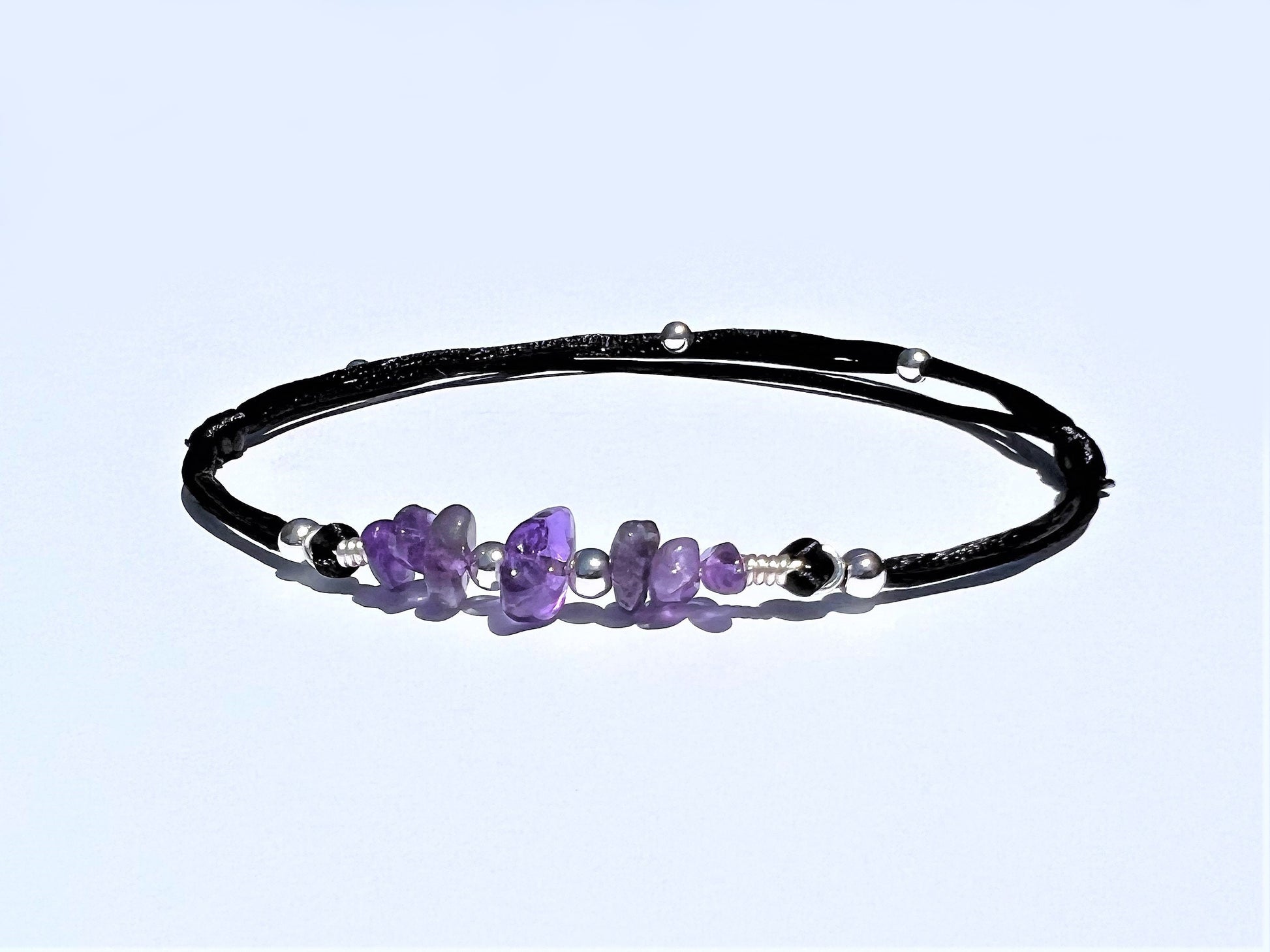 Amethyst Anklet with Silver Beads, Personalized Initial Charm, Adjustable Waterproof Ankle B... - side view