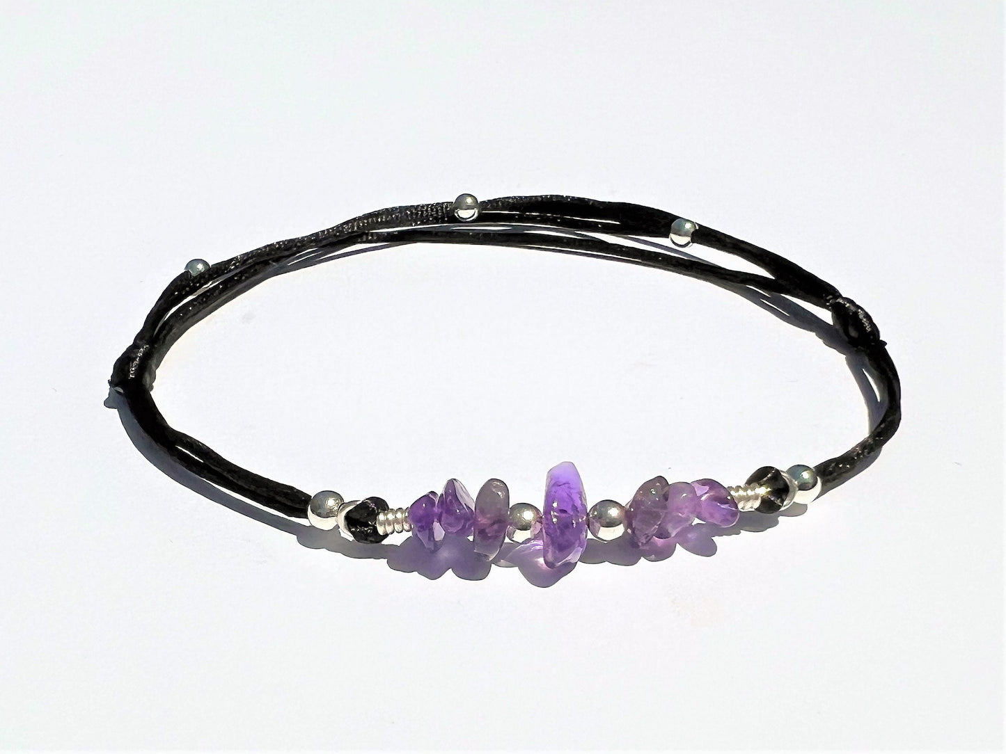 Amethyst Anklet with Silver Beads, Personalized Initial Charm, Adjustable Waterproof Ankle B... - on model